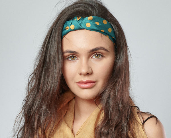 Polka Dot Rigid Headband Jade Green Silky Fabric with Mustard Yellow Spots