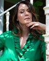 Sample Dress | Carmen Emerald Green Wrap Dress with Ruffle Neck Opening Size UK 10-12