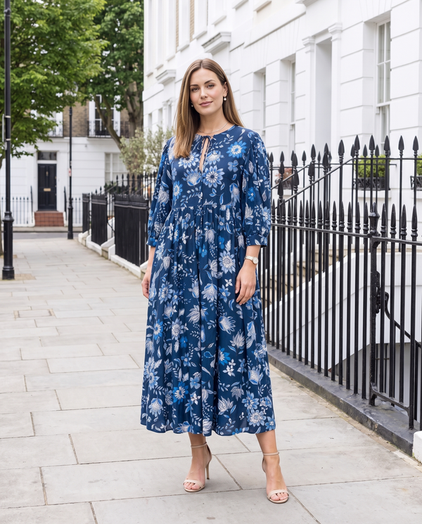 Blue Floral Dress | Manon Relaxed Fit Dress with 3/4 Sleeves & Gathered Skirt