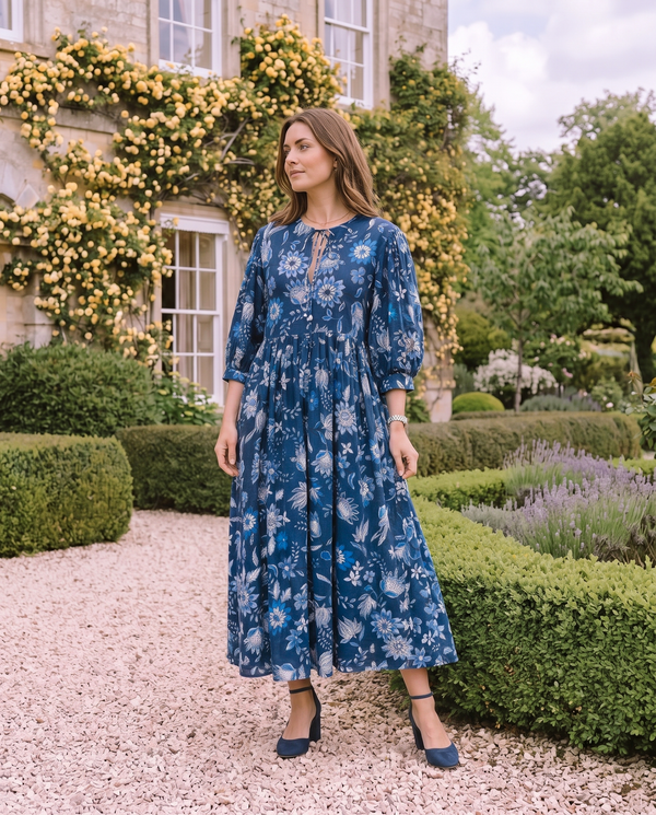 Blue Floral Dress | Manon Relaxed Fit Dress with 3/4 Sleeves & Gathered Skirt