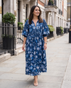 Blue Floral Dress | Manon Relaxed Fit Dress with 3/4 Sleeves & Gathered Skirt