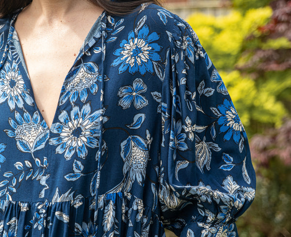 Blue Floral Dress | Manon Relaxed Fit Dress with 3/4 Sleeves & Gathered Skirt