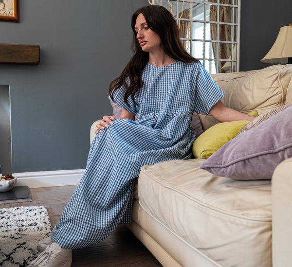 Blue Check Dress | Martina Short Sleeve Cotton Gingham Seersucker Oversized Dress