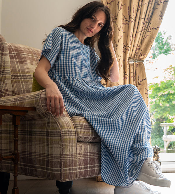 Blue Check Dress | Martina Short Sleeve Cotton Gingham Seersucker Oversized Dress