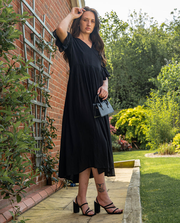 Black Wrap Dress | Molly Semi-Sheer Viscose Dobby Dress