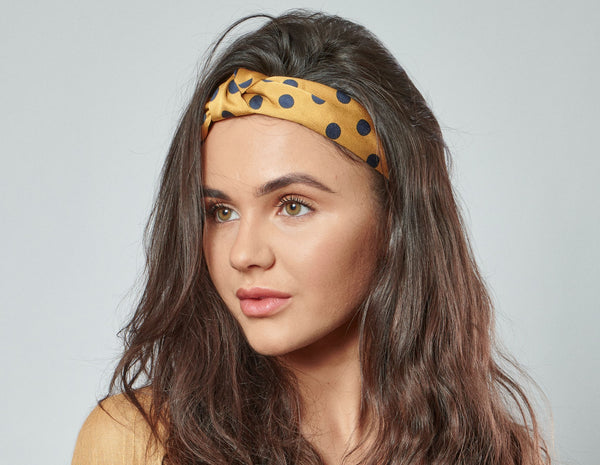 Mustard Yellow with Navy Spot Silky Twisted Knot Rigid Headband