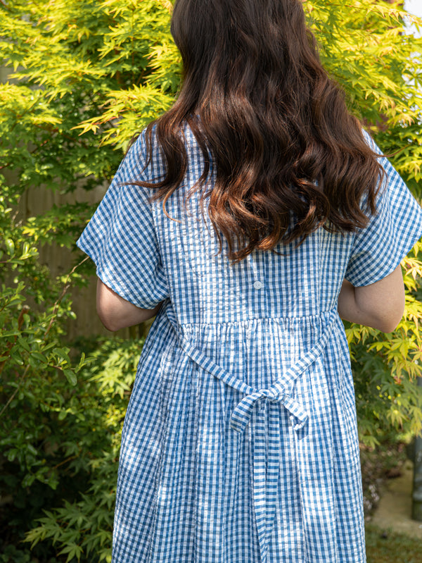 Blue Check Dress | Martina Short Sleeve Cotton Gingham Seersucker Oversized Dress