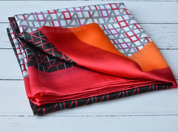 Large Silky Scarf with Vibrant Stripe and Geometric Pattern and Red Border