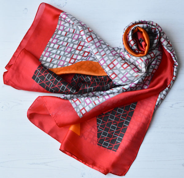 Large Silky Scarf with Vibrant Stripe and Geometric Pattern and Red Border