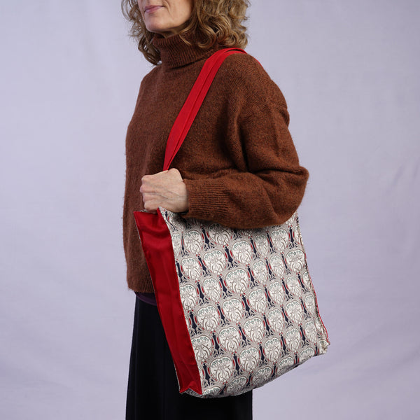 Tote Bag Canvas Lined Red Blue & White Art Nouveau Print Shoulder Bag