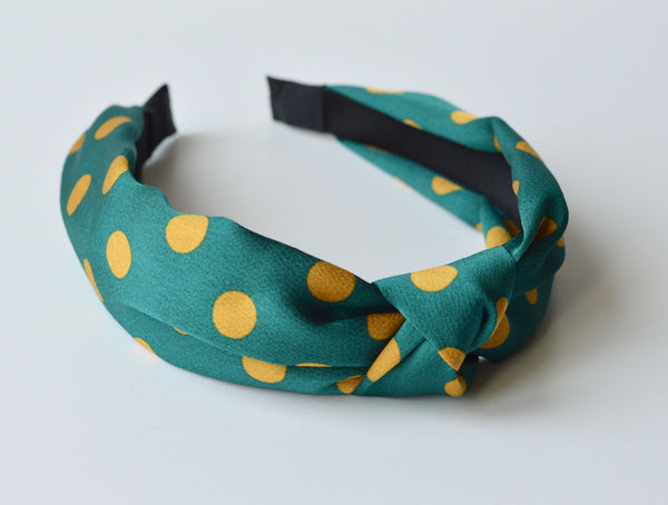 Polka Dot Rigid Headband Jade Green Silky Fabric with Mustard Yellow Spots
