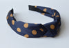 Twisted Knot Headband Navy Blue with Gold Polka Dot Silky Fabric Rigid Hair band