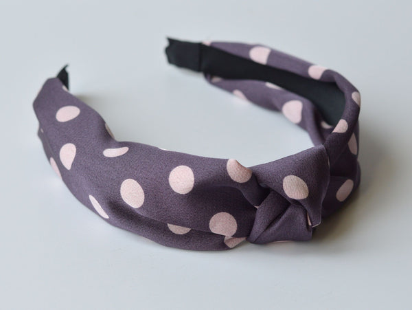 Leah Rigid Headband Mauve Silky Fabric with Pink Polka Dots