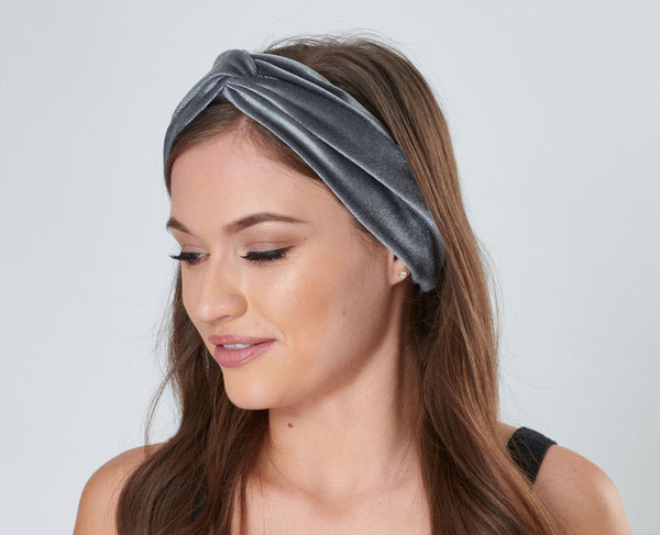 Silver Grey Velour Velvet Headband | Tess Twisted Knot Elasticated Bandana