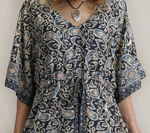 Blue Paisley Dress Drawstring-Waist Siobhan Kaftan With Butterfly Sleeves