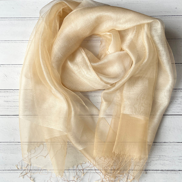 Organza Wrap in Cream Silk Crepe & Gold Organza Sophia Tasselled Special Occasion Scarf