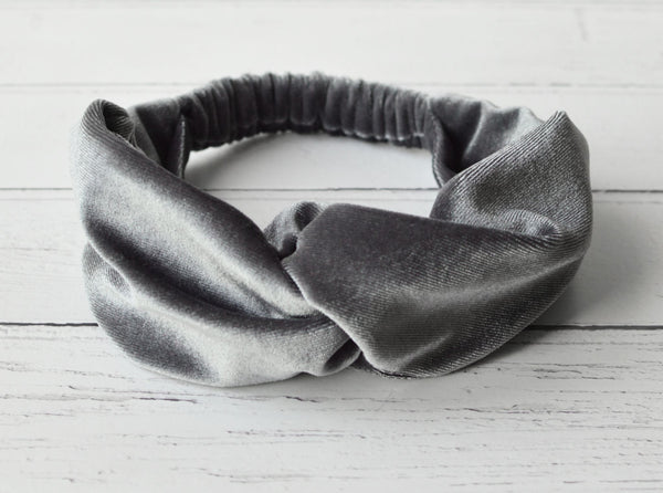 Silver Grey Velour Velvet Headband | Tess Twisted Knot Elasticated Bandana