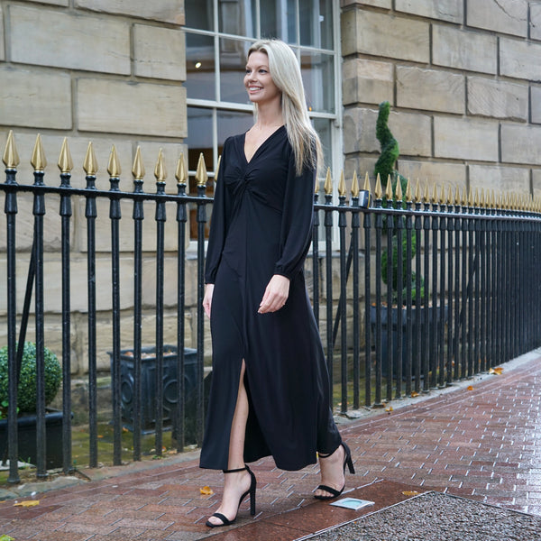 Black Twisted Front Dress | Wanda V Neck Soft Jersey Dress