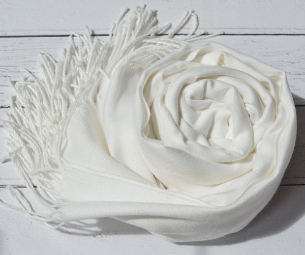 White Pashmina | Drew Super Soft Large Special Occasion Wrap with Tassels