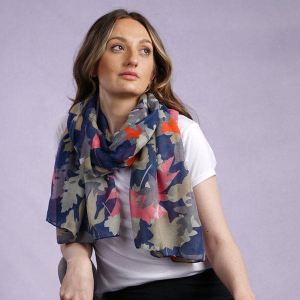 Leaf Scarf | Hannah Large Soft Light Weight Gauzy Wrap Recycled Polyester Blue Sage Pink