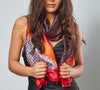 Large Silky Scarf with Vibrant Stripe and Geometric Pattern and Red Border