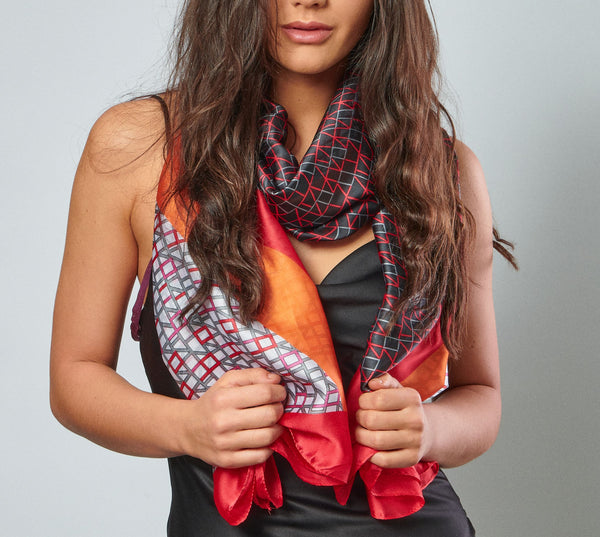 Large Silky Scarf with Vibrant Stripe and Geometric Pattern and Red Border