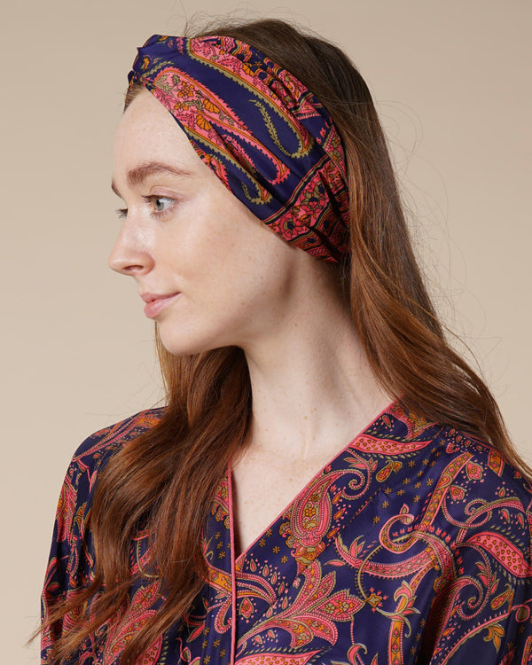 Pink & Navy Blue Headband | Abi Silky Paisley Twisted Knot Hairband