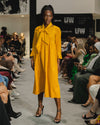 Sample Dress | Ochre Yellow Harriette Needlecord Fluted Sleeve Midi Dress with Detachable Bow-Tie