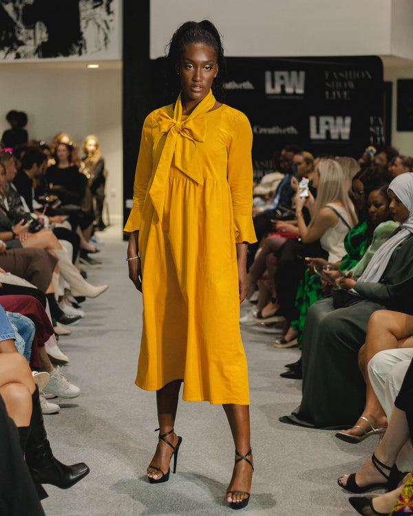 Sample Dress | Ochre Yellow Harriette Needlecord Fluted Sleeve Midi Dress with Detachable Bow-Tie