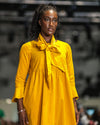 Sample Dress | Ochre Yellow Harriette Needlecord Fluted Sleeve Midi Dress with Detachable Bow-Tie
