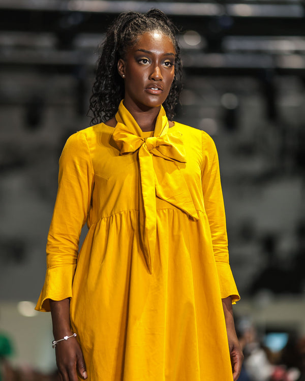 Sample Dress | Ochre Yellow Harriette Needlecord Fluted Sleeve Midi Dress with Detachable Bow-Tie