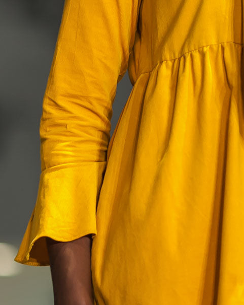 Sample Dress | Ochre Yellow Harriette Needlecord Fluted Sleeve Midi Dress with Detachable Bow-Tie