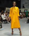 Sample Dress | Ochre Yellow Harriette Needlecord Fluted Sleeve Midi Dress with Detachable Bow-Tie