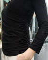 Black Ruched Top | Issy Long Sleeve Faux Wrap Soft Jersey Top