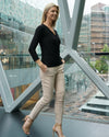 Black Ruched Top | Issy Long Sleeve Faux Wrap Soft Jersey Top