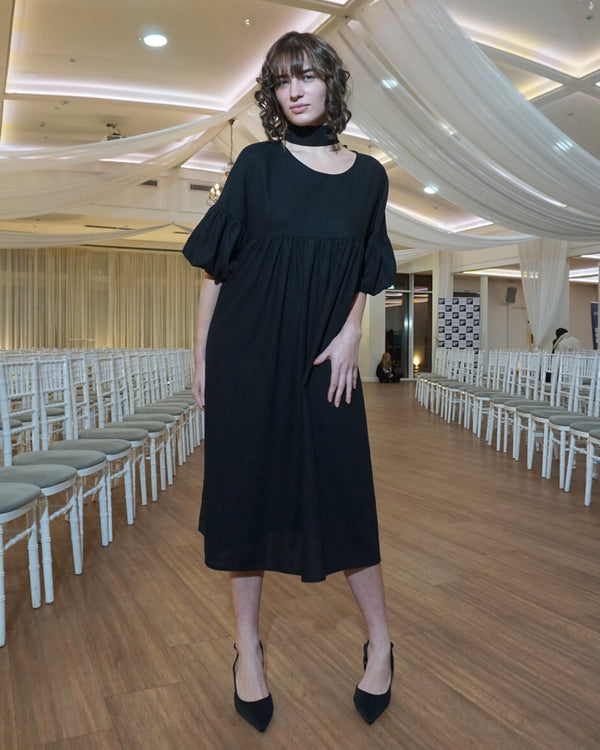 Gathered Relaxed Dress with 3/4 Sleeves | Rosie Black Linen Blend Dress