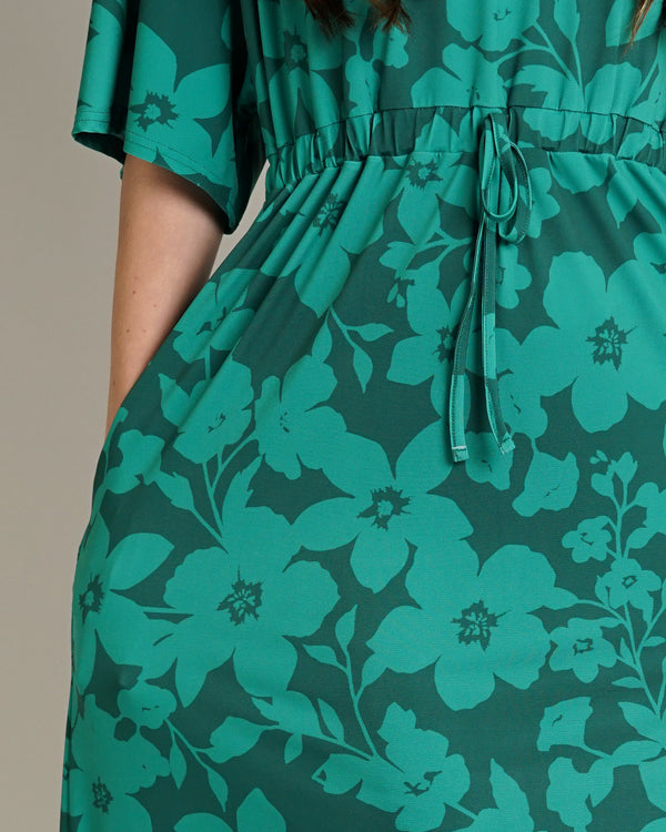 Green Floral Print Kaftan | Luna V Neck Elasticated Waist Soft Jersey Dress