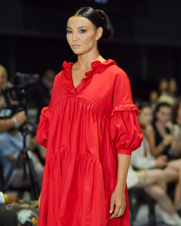 Sample Dress | Red Tiered Dress | Makyla Oversized Cotton Dress with Gathers & Ruffles | Size UK 10-14