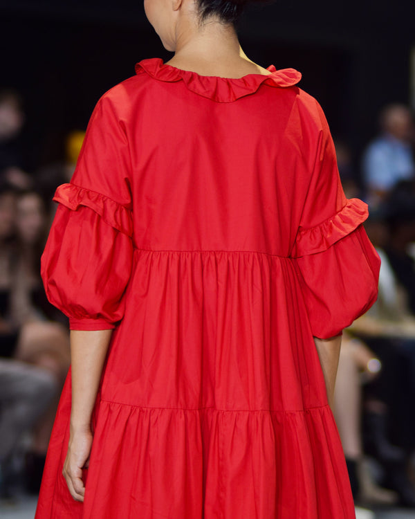 Sample Dress | Red Tiered Dress | Makyla Oversized Cotton Dress with Gathers & Ruffles | Size UK 10-14