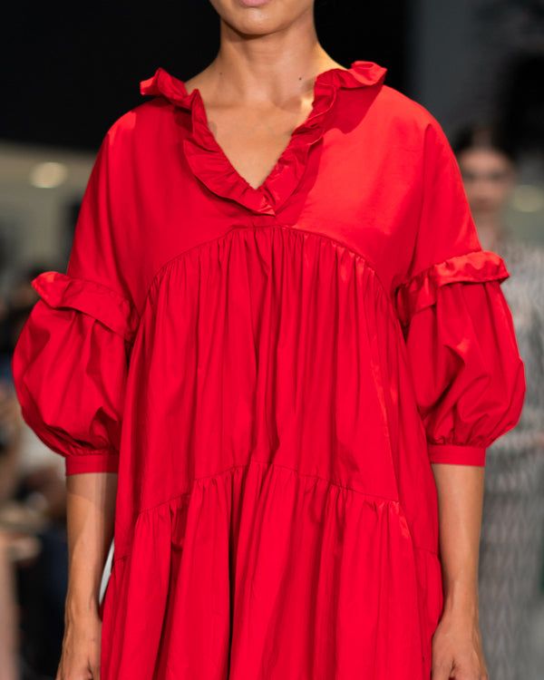 Sample Dress | Red Tiered Dress | Makyla Oversized Cotton Dress with Gathers & Ruffles | Size UK 10-14