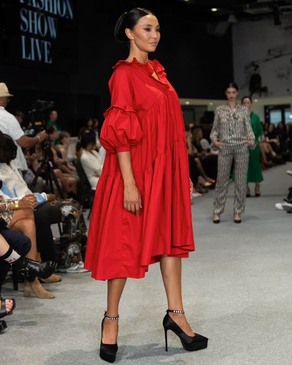Sample Dress | Red Tiered Dress | Makyla Oversized Cotton Dress with Gathers & Ruffles | Size UK 10-14