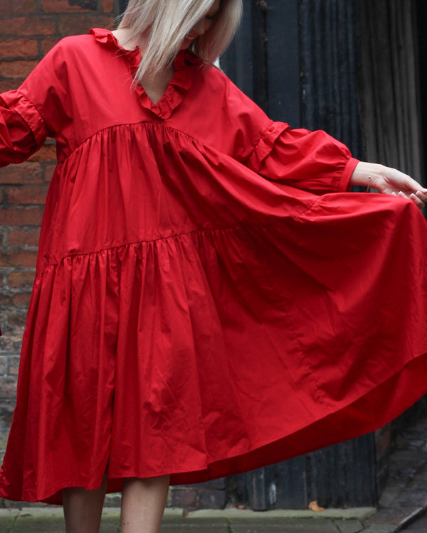 Sample Dress | Red Tiered Dress | Makyla Oversized Cotton Dress with Gathers & Ruffles | Size UK 10-14