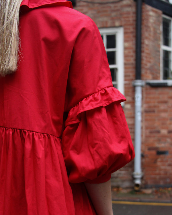 Sample Dress | Red Tiered Dress | Makyla Oversized Cotton Dress with Gathers & Ruffles | Size UK 10-14