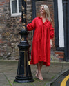 Sample Dress | Red Tiered Dress | Makyla Oversized Cotton Dress with Gathers & Ruffles | Size UK 10-14