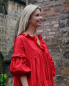 Sample Dress | Red Tiered Dress | Makyla Oversized Cotton Dress with Gathers & Ruffles | Size UK 10-14