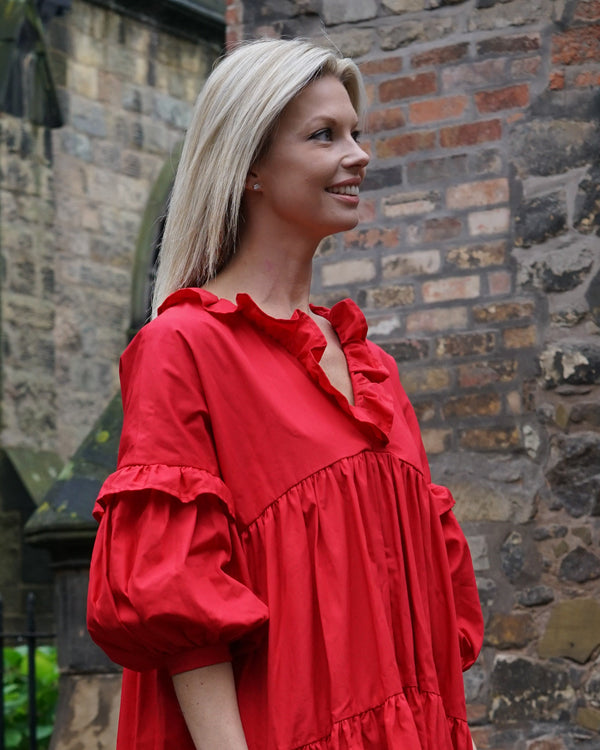 Sample Dress | Red Tiered Dress | Makyla Oversized Cotton Dress with Gathers & Ruffles | Size UK 10-14