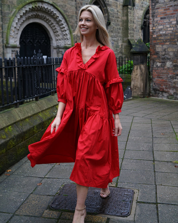 Sample Dress | Red Tiered Dress | Makyla Oversized Cotton Dress with Gathers & Ruffles | Size UK 10-14