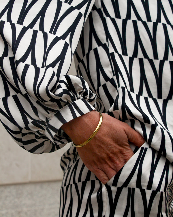 The Pippa Blouse | Black & Cream Abstract Print Silky Bow Blouse