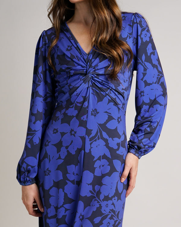 Blue Floral Print Dress | Wanda Twisted Front Soft Jersey Midi Dress