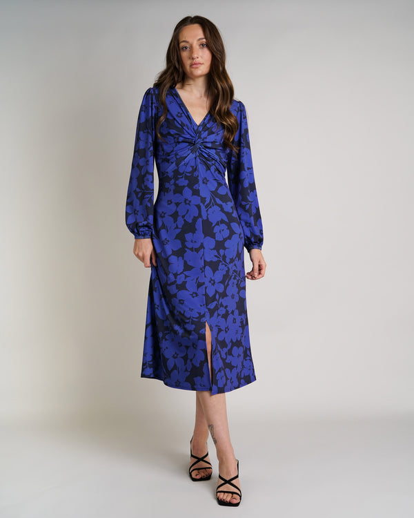 Blue Floral Print Dress | Wanda Twisted Front Soft Jersey Midi Dress